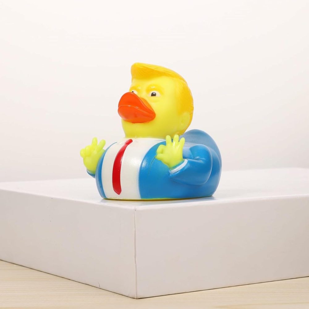 Duck Trump  Rubber Trump Ducky Bath Toy Squeeze Cartoon Squeaky Duck Funny Celebrity Duck Yellow Hair Blue Suit Tie Water Floating Collectible For Car Tabletop Bathroom  |  Bath Toys All Toys Bath Toys