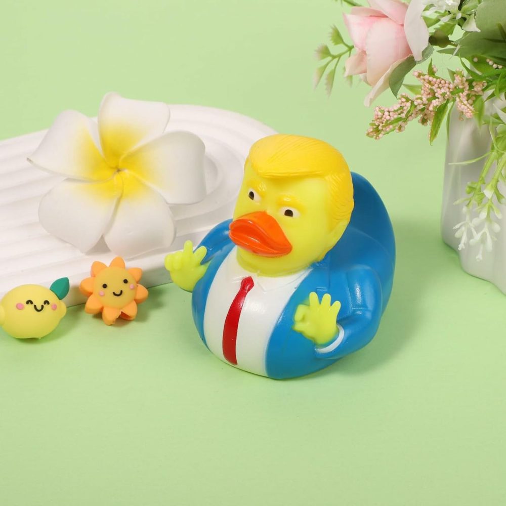 Duck Trump  Rubber Trump Ducky Bath Toy Squeeze Cartoon Squeaky Duck Funny Celebrity Duck Yellow Hair Blue Suit Tie Water Floating Collectible For Car Tabletop Bathroom  |  Bath Toys All Toys Bath Toys