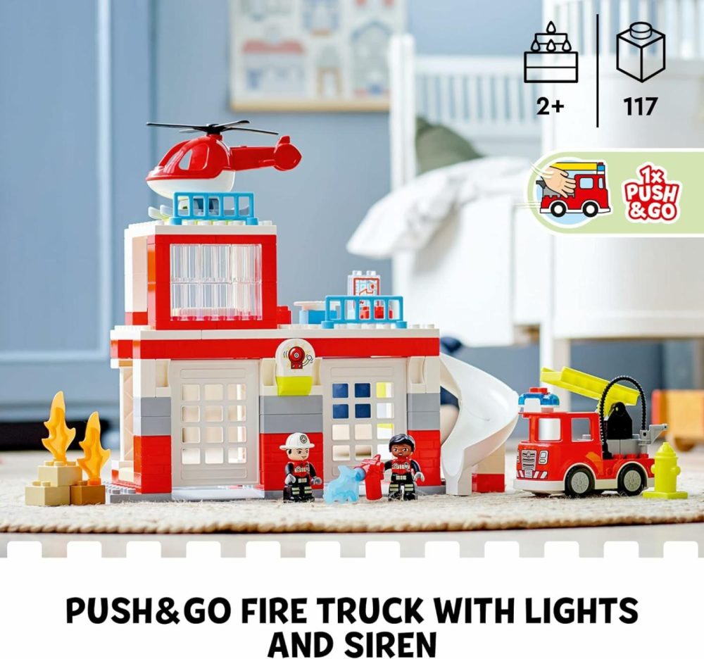 Duplo Fire Station & Helicopter Playset 10970  With Push & Go Truck Toy For Toddlers  Boys And Girls 2 Plus Years Old  Large Bricks Educational Learning Toys  |  Sorting & Stacking Toys All Toys Sorting & Stacking Toys