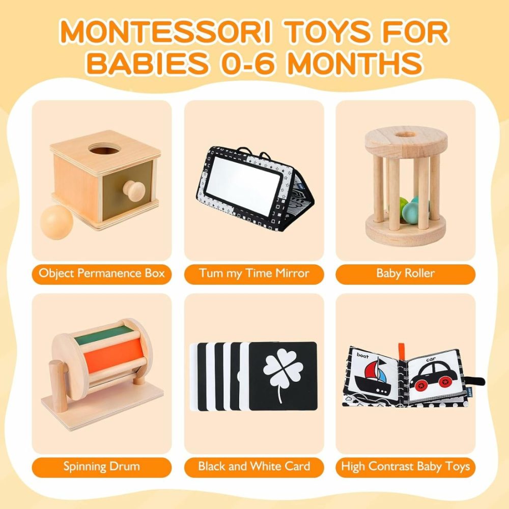 Early Learning Toy For 0-6 Months  Montessori Baby Toys 6 In 1 Learning Educational Set – Object Permanence Box  Baby Roller  Spinning Drum  Black And White High Contrast Baby Toys  Tummy Time Mirror  |  Sorting & Stacking Toys All Toys Sorting & Stacking Toys