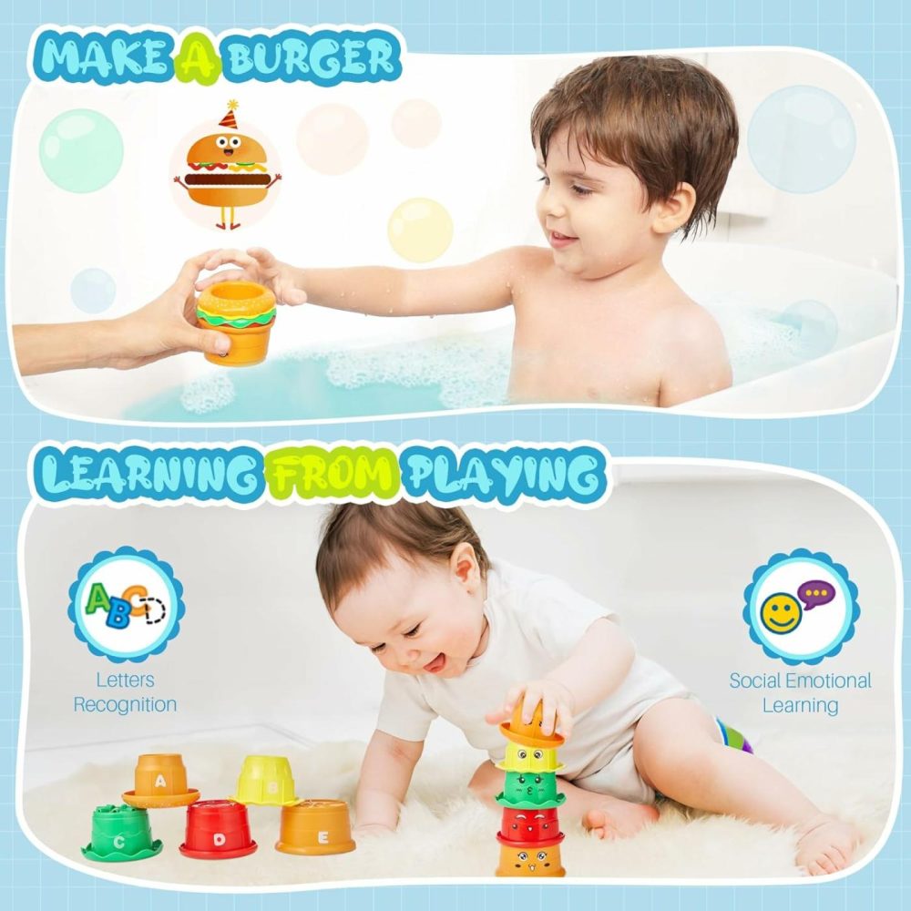 Ekueasyku Hippo Bath Toys With Burger Stacking Cups For Toddlers Emotion  Letter Learning Bath Time Swimming Duck Crab Bathtub Toy  |  Bath Toys All Toys Bath Toys