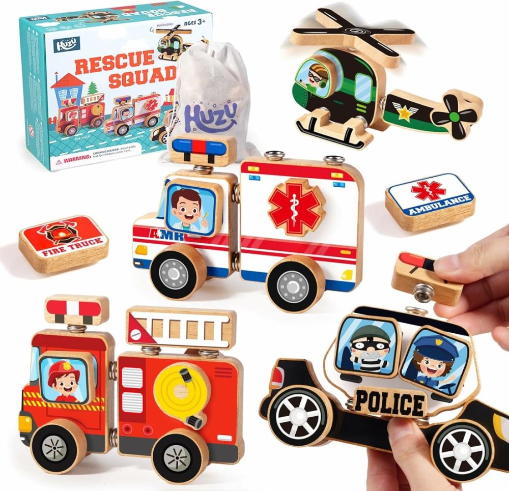 Emergency Vehicle 3D Car Puzzle Wooden Toy  Snap Button Connect Building Block  Take Apart Rescue Police Car Fire Truck Ambulance Helicopter Playset  Stem Montessori Fine Motor Skill Gift Kid 3-8  |  Sorting & Stacking Toys All Toys Sorting & Stacking Toys