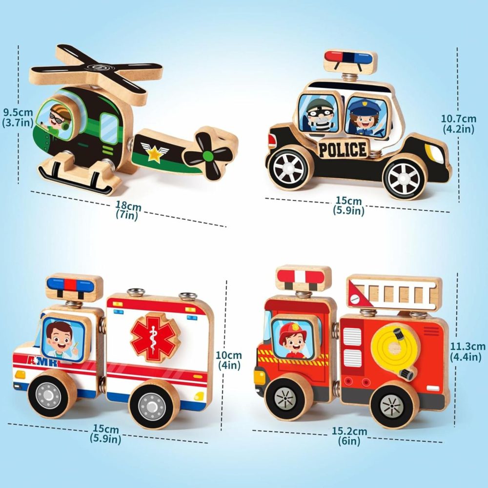 Emergency Vehicle 3D Car Puzzle Wooden Toy  Snap Button Connect Building Block  Take Apart Rescue Police Car Fire Truck Ambulance Helicopter Playset  Stem Montessori Fine Motor Skill Gift Kid 3-8  |  Sorting & Stacking Toys All Toys Sorting & Stacking Toys