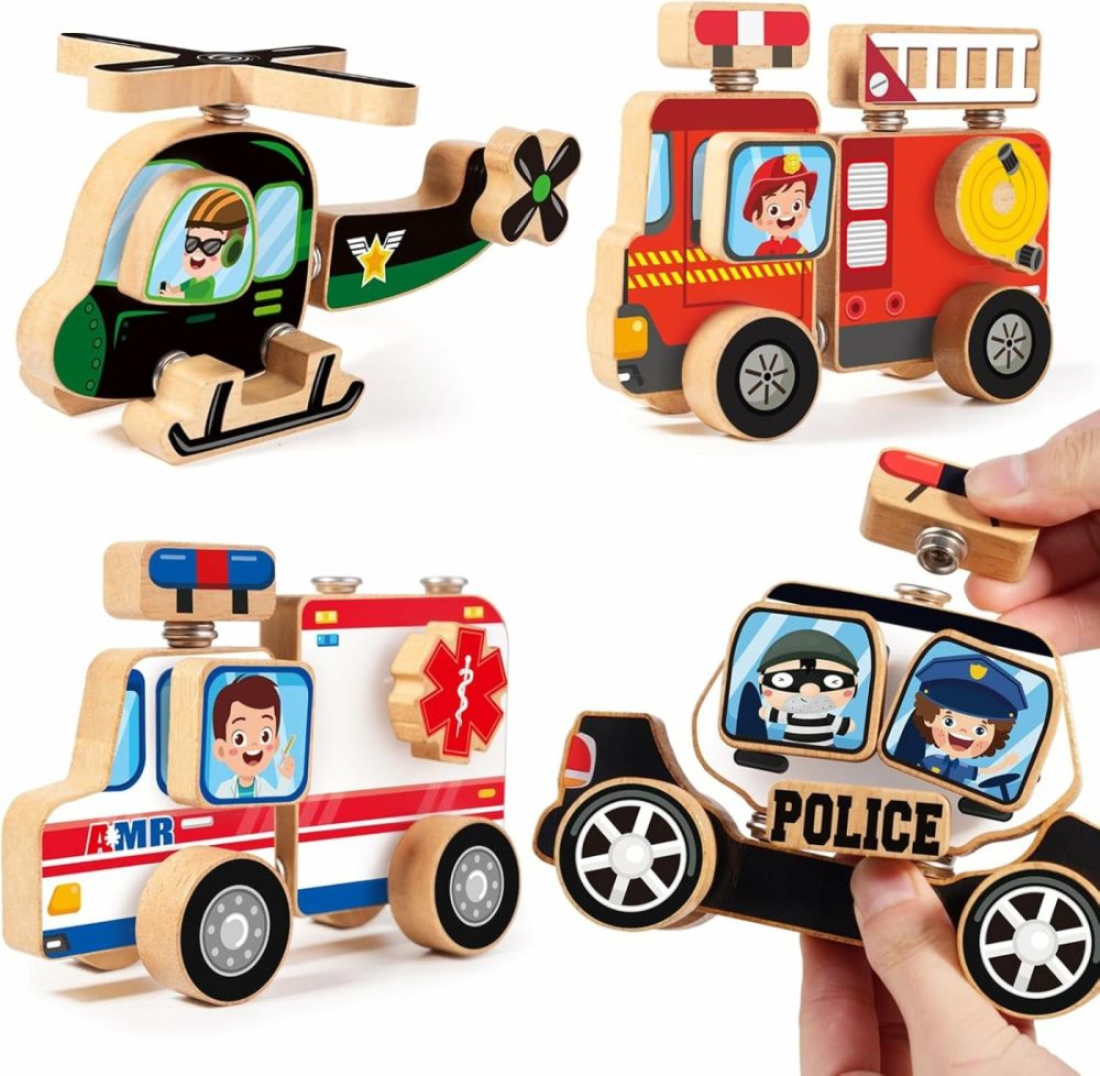 Emergency Vehicle 3D Car Puzzle Wooden Toy  Snap Button Connect Building Block  Take Apart Rescue Police Car Fire Truck Ambulance Helicopter Playset  Stem Montessori Fine Motor Skill Gift Kid 3-8  |  Sorting & Stacking Toys All Toys Sorting & Stacking Toys