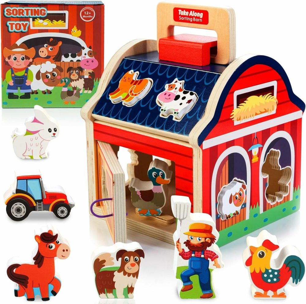 Farm Animals Toys For 1 2 3 Year Old Girls Boys  Wooden Take-Along Sorting Barn Toy With Door  Shape Sorter Wooden Blocks Baby Montessori Learning Toys  Christmas Birthday Gifts For Toddlers 1-3  |  Sorting & Stacking Toys All Toys Sorting & Stacking Toys