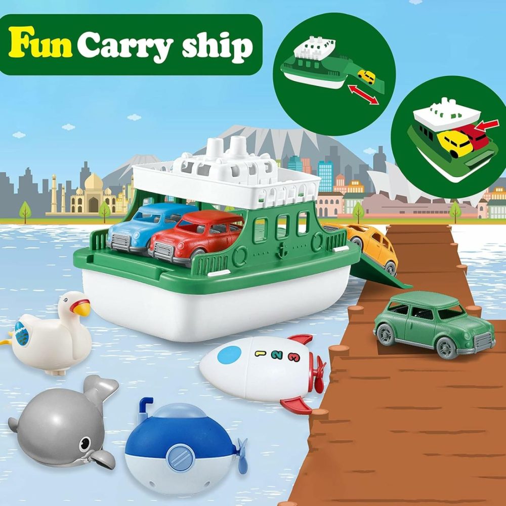 Ferry Boat With 4 Car And 4 Wind Up Bath Swimming Toys  Kids Bath Toy Floating Vehicle Whales Submarines Swans Rockets  Bathtub Bathroom Pool Beach Toy Set For Toddlers Boys Girls  |  Bath Toys All Toys Bath Toys