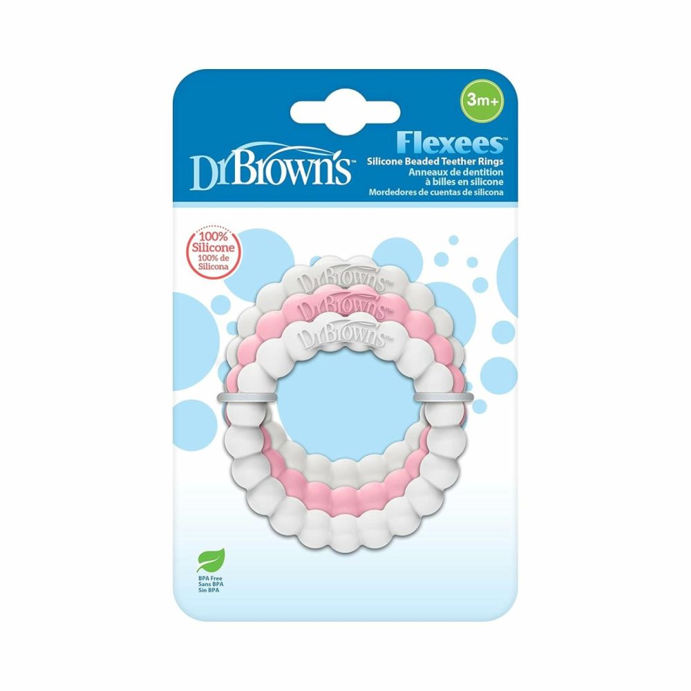 Flexees Beaded Teether Rings  100% Silicone  Soft & Easy To Hold  Encourages Self-Soothe  3 Pack  Pink  White  Gray  Bpa Free  3M+  |  Teethers All Toys Pink, White, Gray