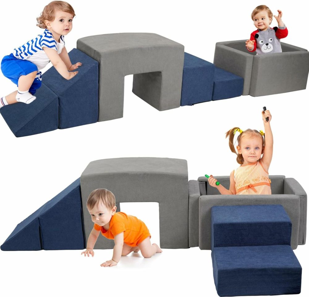 Foam Kids Climbing Toy Indoor With Soft Fabric,7 Pcs Climb And Crawl Activity Playset,Foam Climbing Toys For Toddlers With Ball Pit And Slide Stairs,Ramp  |  Indoor Climbers & Play Structures All Toys Dark Grey, Navy Blue