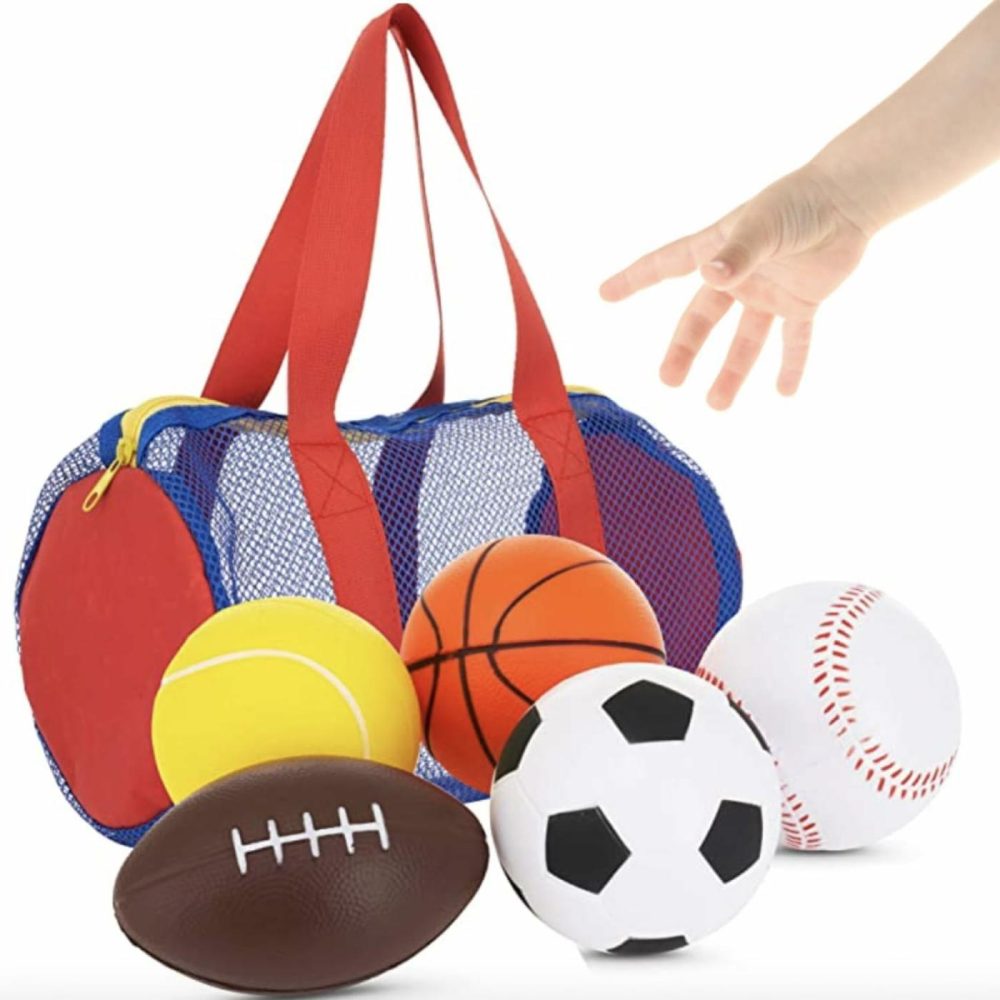 Foam Sports Toys With Bag  Set Of 5 – Includes Soccer Ball  Basketball  Football  Baseball And Tennis Ball – Suitable For Baby’s Small Hands To Grab – Balls For Kids And Toddlers Ages 1-3  |  Balls All Toys Balls