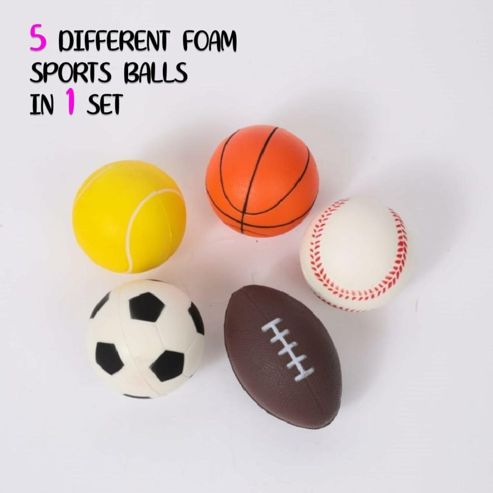 Foam Sports Toys With Bag  Set Of 5 – Includes Soccer Ball  Basketball  Football  Baseball And Tennis Ball – Suitable For Baby’s Small Hands To Grab – Balls For Kids And Toddlers Ages 1-3  |  Balls All Toys Balls