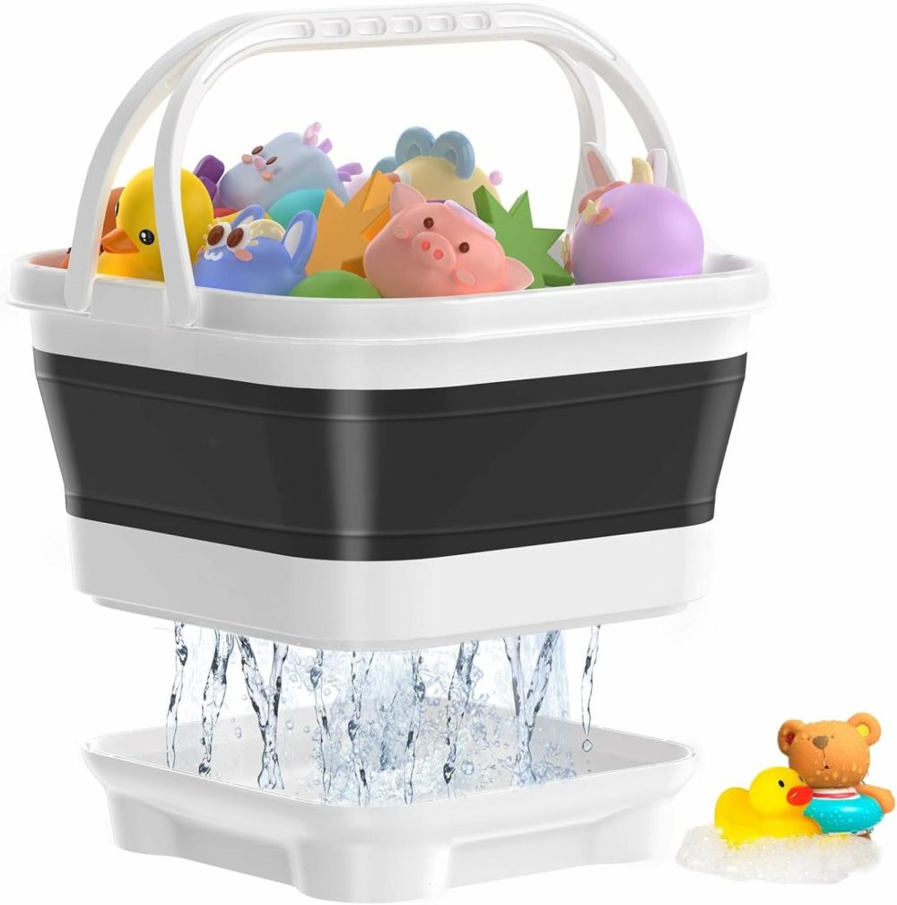 Foldable-Bath-Toy-Storage-Organizer – Bath Toy Holder With Removable Base  Quick-Drain-Drying Bathtub Toy Storage  Basket Bathroom Shower Toys Holder For Kids (Black)  |  Bath Toys All Toys Bath Toys