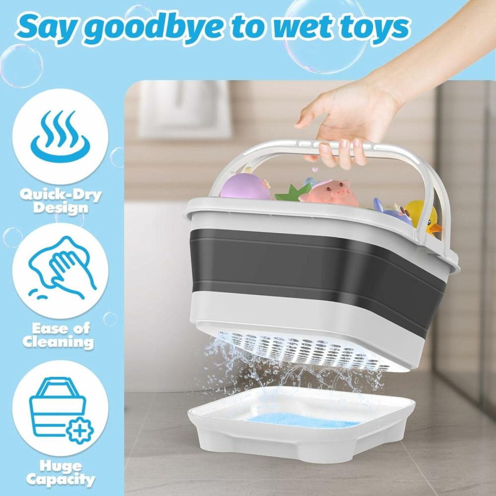 Foldable-Bath-Toy-Storage-Organizer – Bath Toy Holder With Removable Base  Quick-Drain-Drying Bathtub Toy Storage  Basket Bathroom Shower Toys Holder For Kids (Black)  |  Bath Toys All Toys Bath Toys