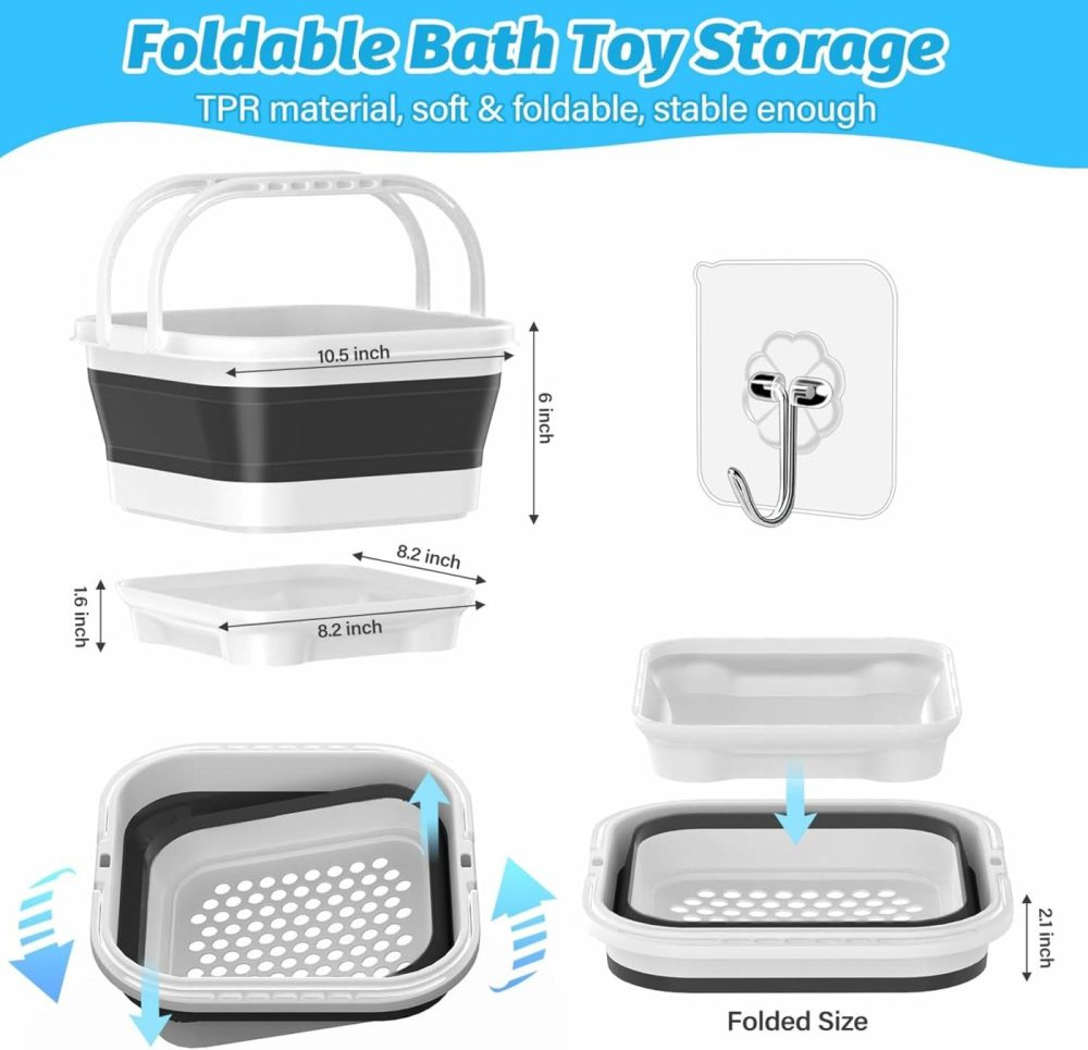 Foldable-Bath-Toy-Storage-Organizer – Bath Toy Holder With Removable Base  Quick-Drain-Drying Bathtub Toy Storage  Basket Bathroom Shower Toys Holder For Kids (Black)  |  Bath Toys All Toys Bath Toys