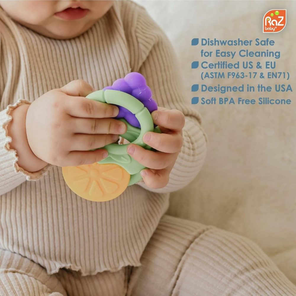 Fruitique Infant & Baby Massager & Teether Toy 3-Pack  Fruit-Shaped Multi-Texture Teethers Soothe Sore Gums  Non-Toxic Bpa-Free Food-Grade Silicone  Hands-Free & Easy To Hold  3M+  |  Teethers All Toys Orange