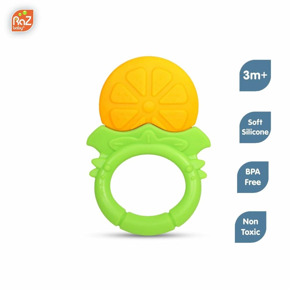 Fruitique Infant & Baby Massager & Teether Toy 3-Pack  Fruit-Shaped Multi-Texture Teethers Soothe Sore Gums  Non-Toxic Bpa-Free Food-Grade Silicone  Hands-Free & Easy To Hold  3M+  |  Teethers All Toys Orange