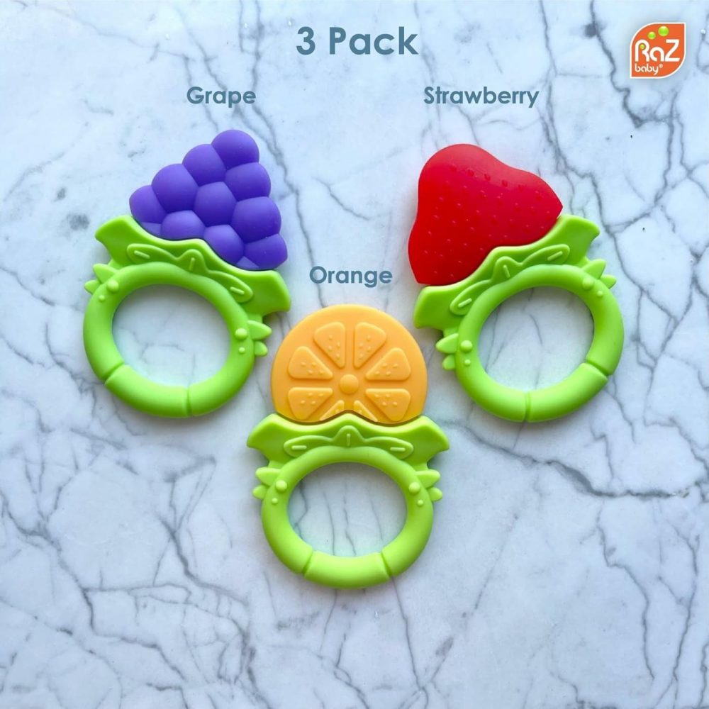 Fruitique Infant & Baby Massager & Teether Toy 3-Pack  Fruit-Shaped Multi-Texture Teethers Soothe Sore Gums  Non-Toxic Bpa-Free Food-Grade Silicone  Hands-Free & Easy To Hold  3M+  |  Teethers All Toys Orange