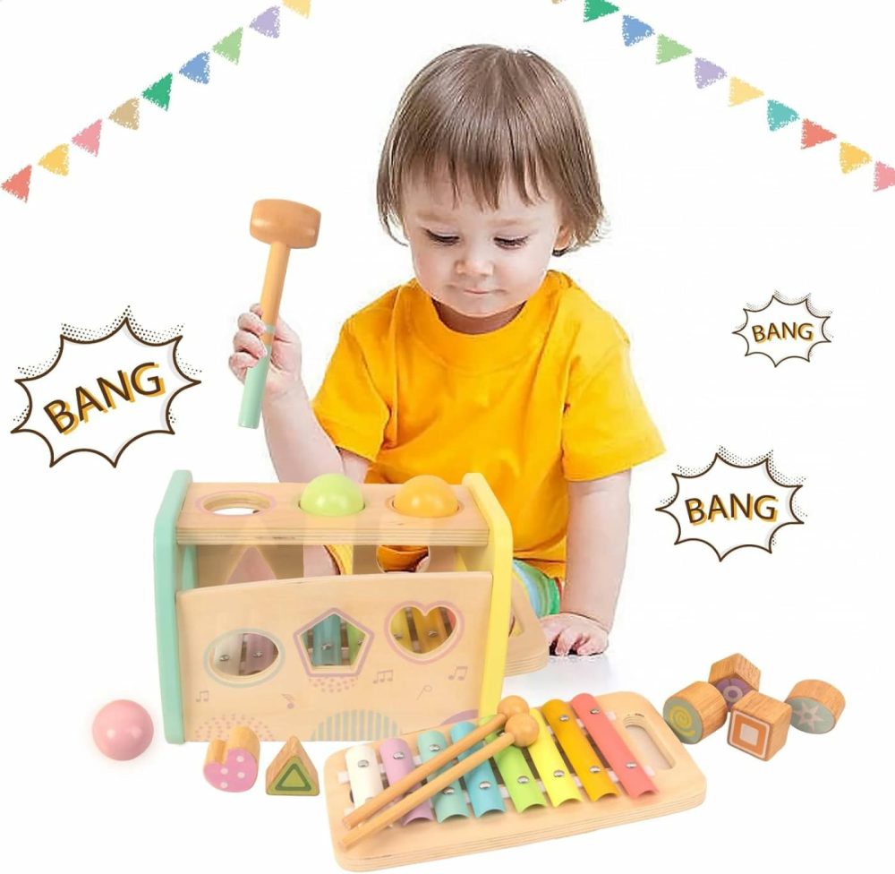 Hammering Pounding Toys Wooden Educational Toy Xylophone Shape Sorter  Birthday Gift For 1 2 3 Years Boys Girls Baby Toddler Kids Developmental Montessori Learning Toy (Yellow)  |  Hammering & Pounding Toys All Toys Hammering & Pounding Toys