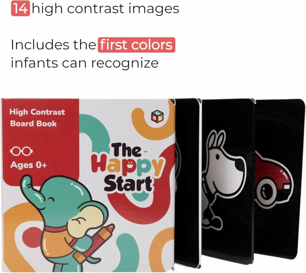 Happy Start High Contrast Board Book: Easy To Clean – Hospital Approved – Stands On Its Own – Tummy Time Toys – Black And White High Contrast Baby Toys – Ages 0+ (English)  |  Early Childhood Education Materials All Toys Early Childhood Education Materials