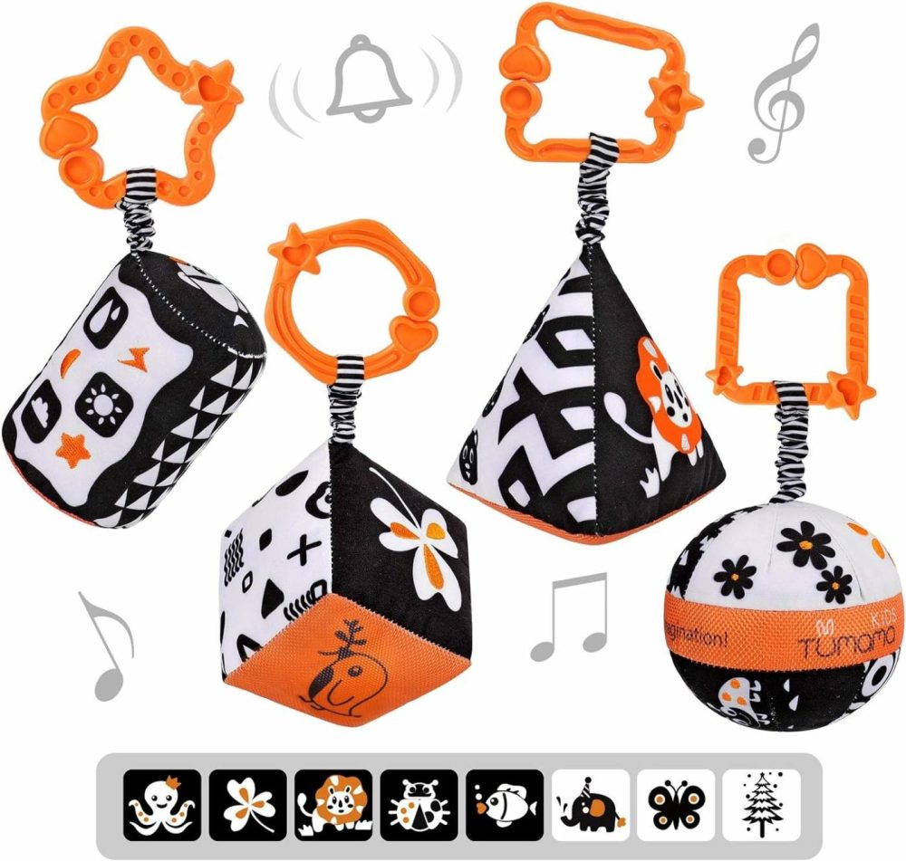 High Contrast Shapes Sets Baby Toys  Black And White Stroller Toy For Car Seat Baby Plush Rattles Rings Hanging Toy For 0 3 6 9 To 12 Months  Newborn,Toddlers,Infants (4 Packs)  |  Car Seat & Stroller Toys All Toys Car Seat & Stroller Toys