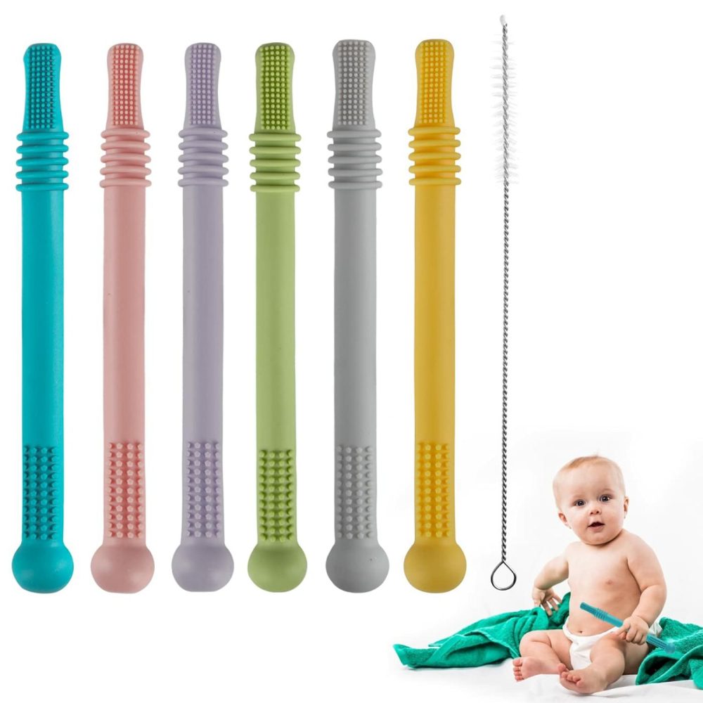 Hollow Teether Tube  6 Pack Chew Straw Toy For Infant Toddlers Silicone Tubes Teething Toys For Babies 3-12 Months Bpa Free/Freezable/Dishwasher And Refrigerator Safe  |  Teethers All Toys Multicolor