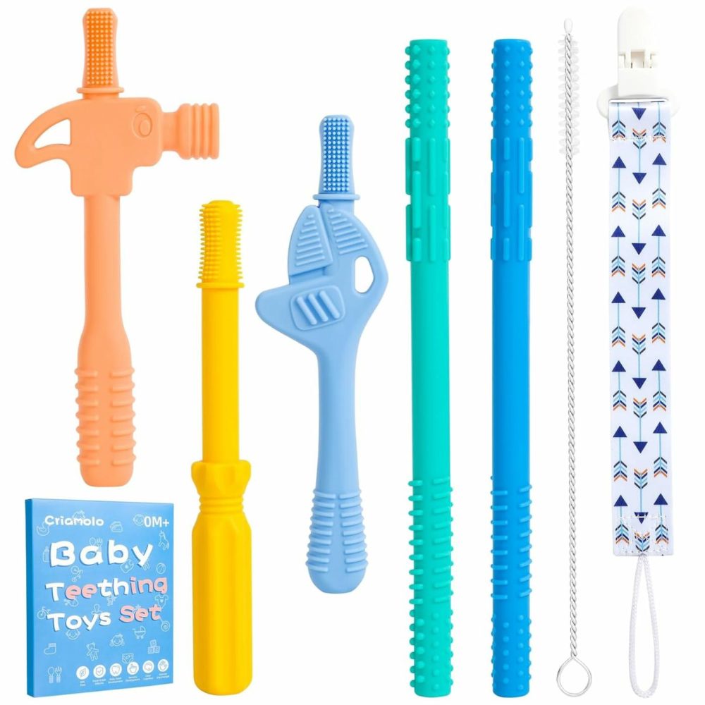 Hollow Teether Tube  Chew Straws For Toddlers 6-12 Months  Bpa Free Silicone Baby Molar Teether Chew Toys  5 Pack Teething Toys Hammer Wrench Shape Gift For Boys Girls  |  Teethers All Toys Teethers