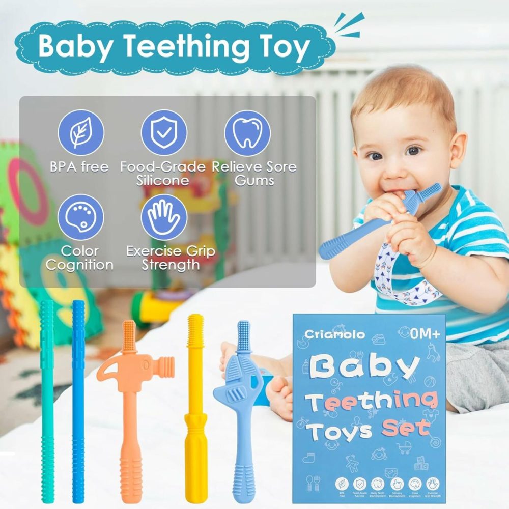 Hollow Teether Tube  Chew Straws For Toddlers 6-12 Months  Bpa Free Silicone Baby Molar Teether Chew Toys  5 Pack Teething Toys Hammer Wrench Shape Gift For Boys Girls  |  Teethers All Toys Teethers