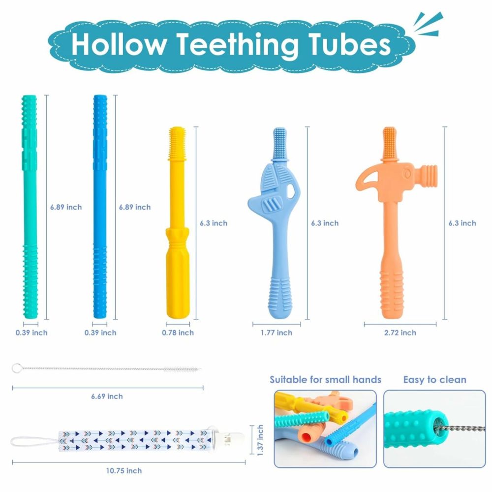 Hollow Teether Tube  Chew Straws For Toddlers 6-12 Months  Bpa Free Silicone Baby Molar Teether Chew Toys  5 Pack Teething Toys Hammer Wrench Shape Gift For Boys Girls  |  Teethers All Toys Teethers