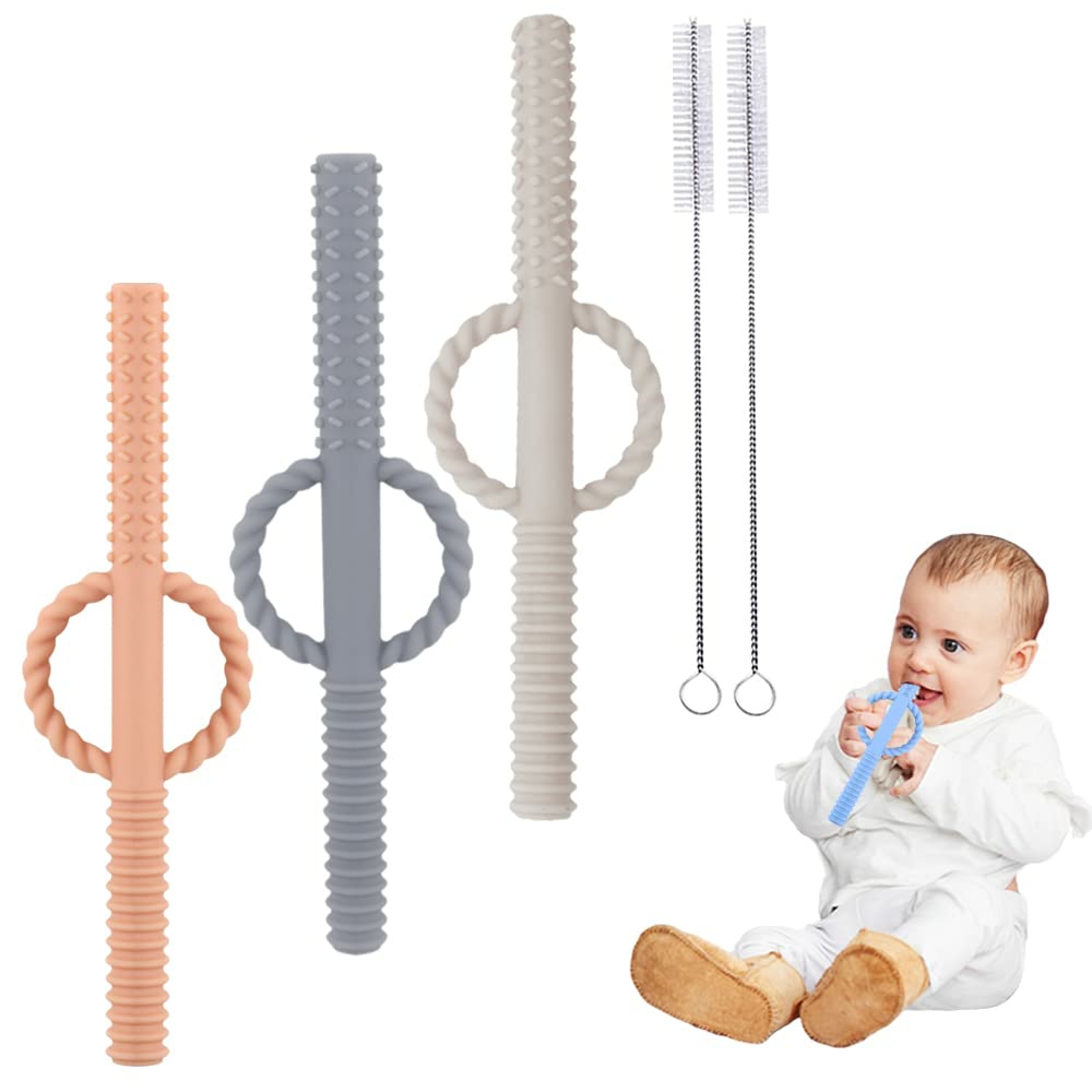 Hollow Teether Tubes For Baby,Silicone Baby Soothing Teething Toy Chewy Tube With Handle,Teething Straws For Toddlers (Begie&Grey&Khaki)  |  Teethers All Toys Begie&Grey&Khaki