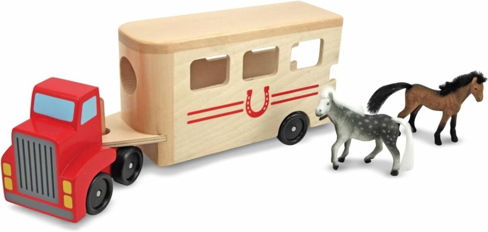 Horse Carrier Wooden Vehicle Play Set With 2 Flocked Horses And Pull-Down Ramp – Horse Figures  Wooden Horse Trailer Toy For Kids Ages 3+  |  Car Seat & Stroller Toys All Toys Car Seat & Stroller Toys