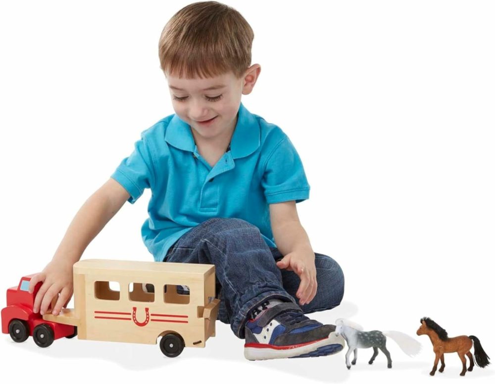 Horse Carrier Wooden Vehicle Play Set With 2 Flocked Horses And Pull-Down Ramp – Horse Figures  Wooden Horse Trailer Toy For Kids Ages 3+  |  Car Seat & Stroller Toys All Toys Car Seat & Stroller Toys