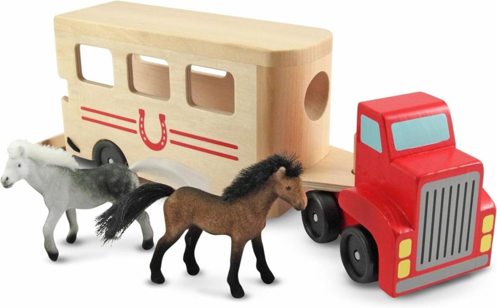 Horse Carrier Wooden Vehicle Play Set With 2 Flocked Horses And Pull-Down Ramp – Horse Figures  Wooden Horse Trailer Toy For Kids Ages 3+  |  Car Seat & Stroller Toys All Toys Car Seat & Stroller Toys