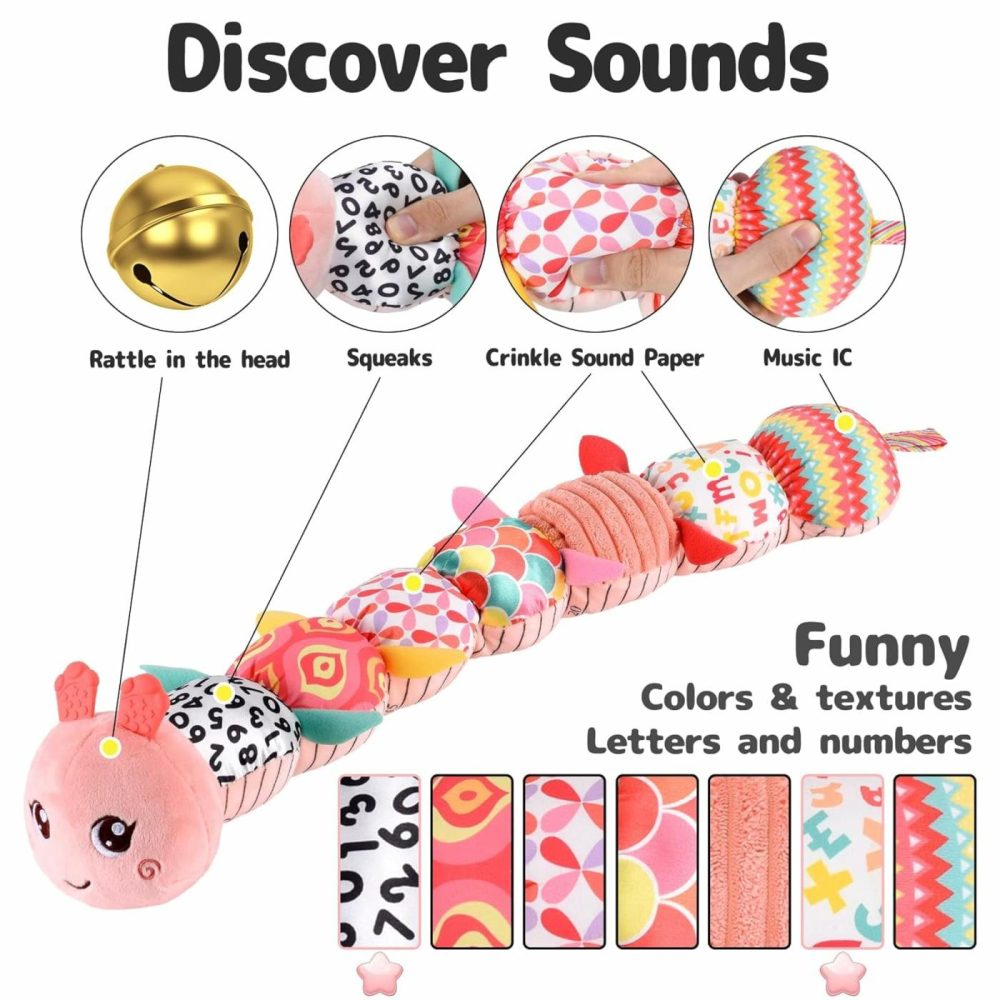 Infant Baby Musical Stuffed Animal Activity Soft Toys With Multi-Sensory Crinkle  Rattle And Textures For 0-3-6-12 Months Developmental Toys  Caterpillar  Pink  |  Rattles & Plush Rings All Toys Pink - Caterpillar