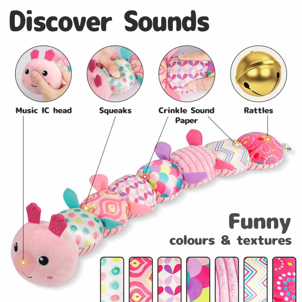 Infant Baby Musical Stuffed Animal Activity Soft Toys With Multi-Sensory Crinkle  Rattle And Textures  For Tummy Time Newborn 0-3-6-12 Months Girls  Caterpillar  Pink  |  Rattles & Plush Rings All Toys Pink - Caterpillar