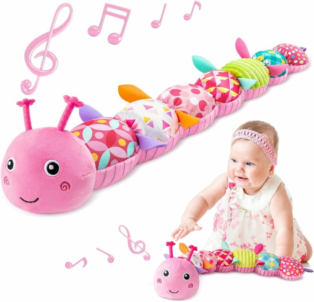 Infant Baby Musical Stuffed Animal Toys For 0-3-6-12 Months,Multi Sensory Toys With Crinkle And Rattles  Tummy Time Toys For Newborn Boys Girls  Caterpillar  Pink  |  Rattles & Plush Rings All Toys Pink - Caterpillar