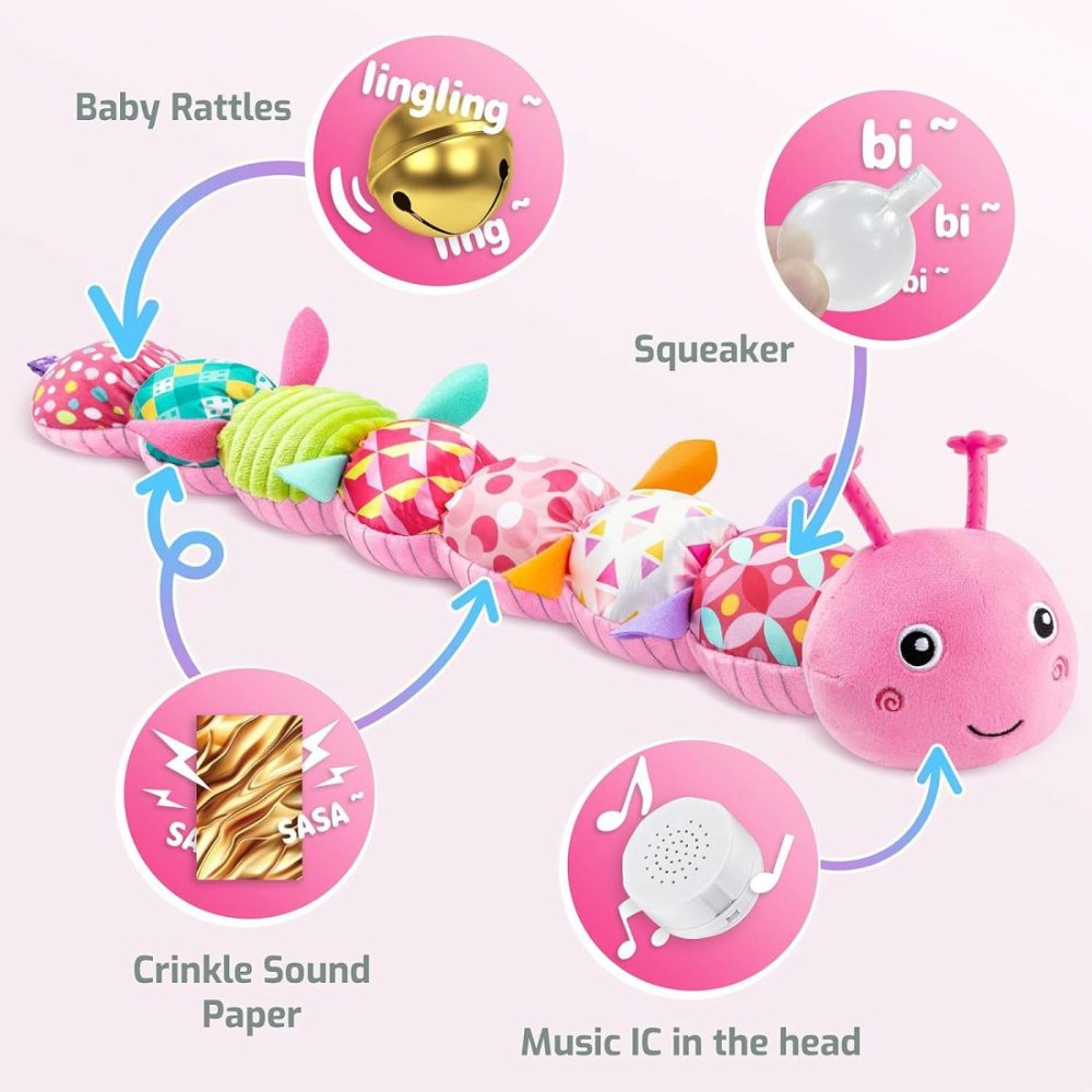 Infant Baby Musical Stuffed Animal Toys For 0-3-6-12 Months,Multi Sensory Toys With Crinkle And Rattles  Tummy Time Toys For Newborn Boys Girls  Caterpillar  Pink  |  Rattles & Plush Rings All Toys Pink - Caterpillar