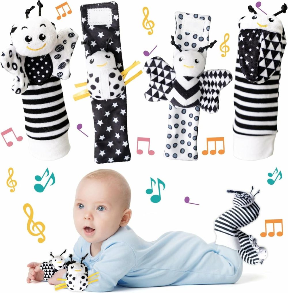 Infant Toys 0-6 Months  Newborn Baby Toys Rattle Socks | 4Pcs Wrist Rattles Foot Finders Sock Set – Newborn/Babies Essentials Must Haves For 0-6-12 Months Gifts…  |  Rattles & Plush Rings All Toys Black