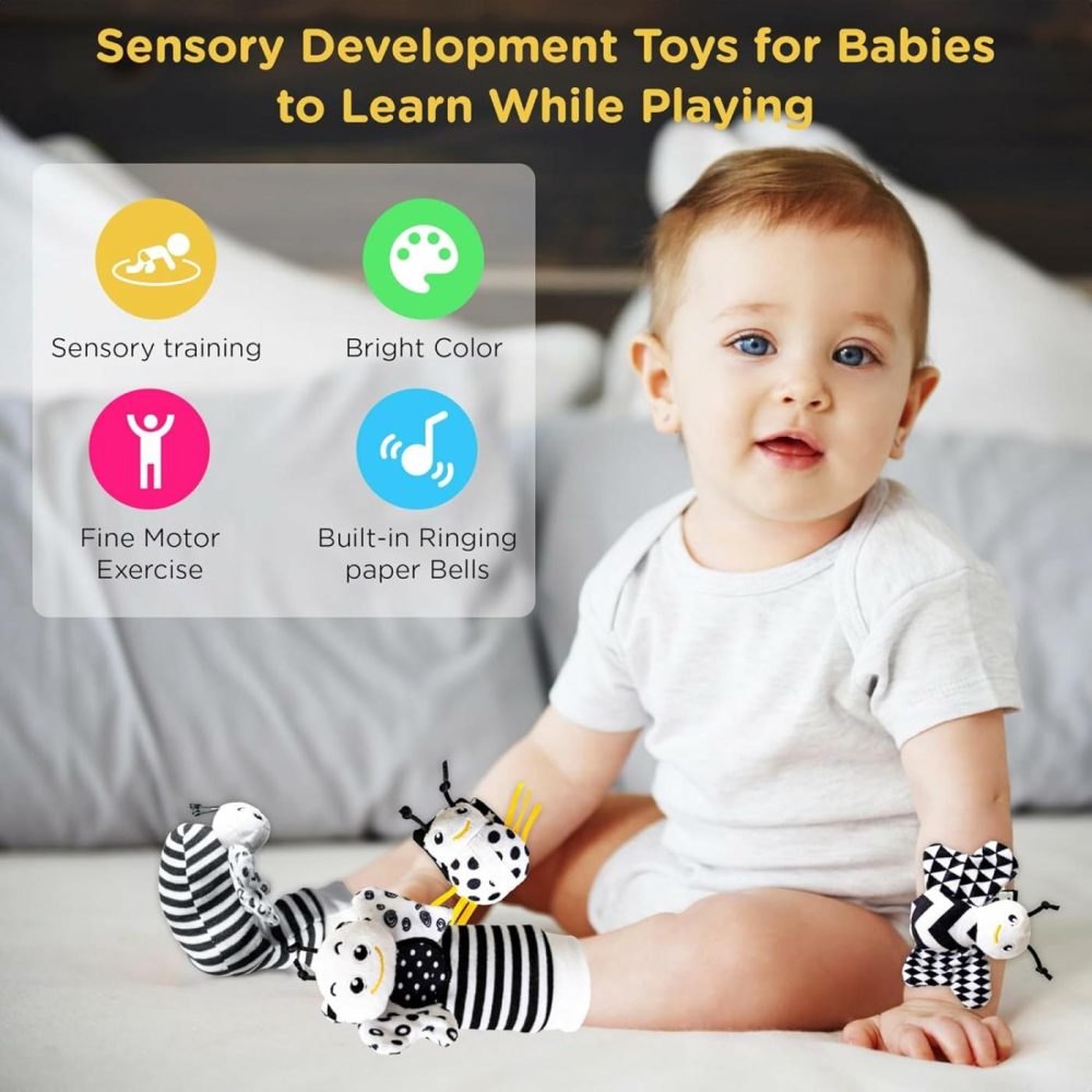 Infant Toys 0-6 Months  Newborn Baby Toys Rattle Socks | 4Pcs Wrist Rattles Foot Finders Sock Set – Newborn/Babies Essentials Must Haves For 0-6-12 Months Gifts…  |  Rattles & Plush Rings All Toys Black