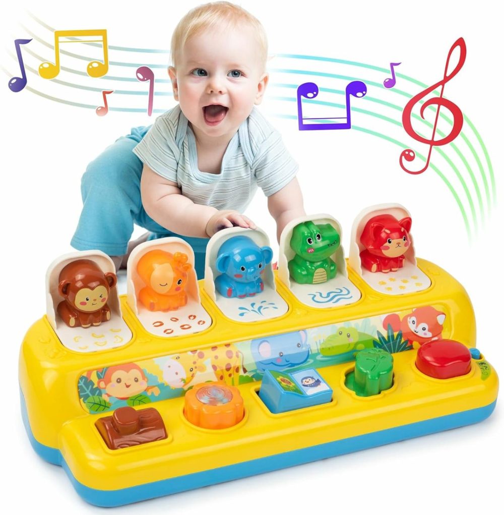 Interactive Pop Up Animal Toys With Music  Animal Sound & Light  Early Developmental Cause And Effect Pop Up Animals Toy For Infants & Toddlers  1+ Year Old Boys Girls Gifts  |  Musical Toys All Toys Yellow