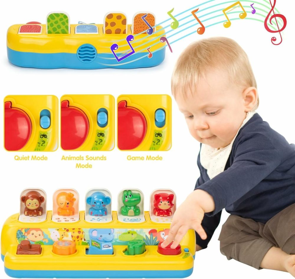 Interactive Pop Up Animal Toys With Music  Animal Sound & Light  Early Developmental Cause And Effect Pop Up Animals Toy For Infants & Toddlers  1+ Year Old Boys Girls Gifts  |  Musical Toys All Toys Yellow