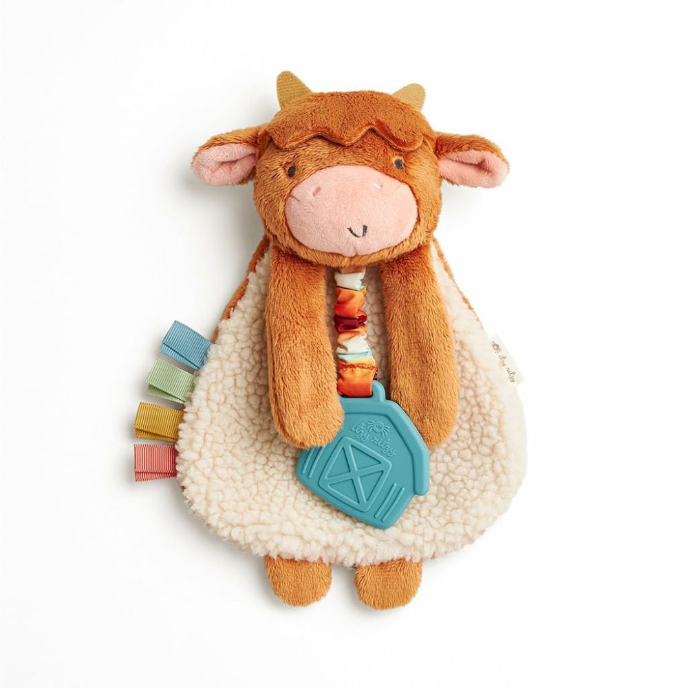 – Itzy Lovey Including Teether – Baby Lovey With Teether  Textured Ribbons & Dangle Arms – Features Crinkle Sound  Sherpa Fabric And Minky Plush (Highland Cow)  |  Teethers All Toys Highland Cow