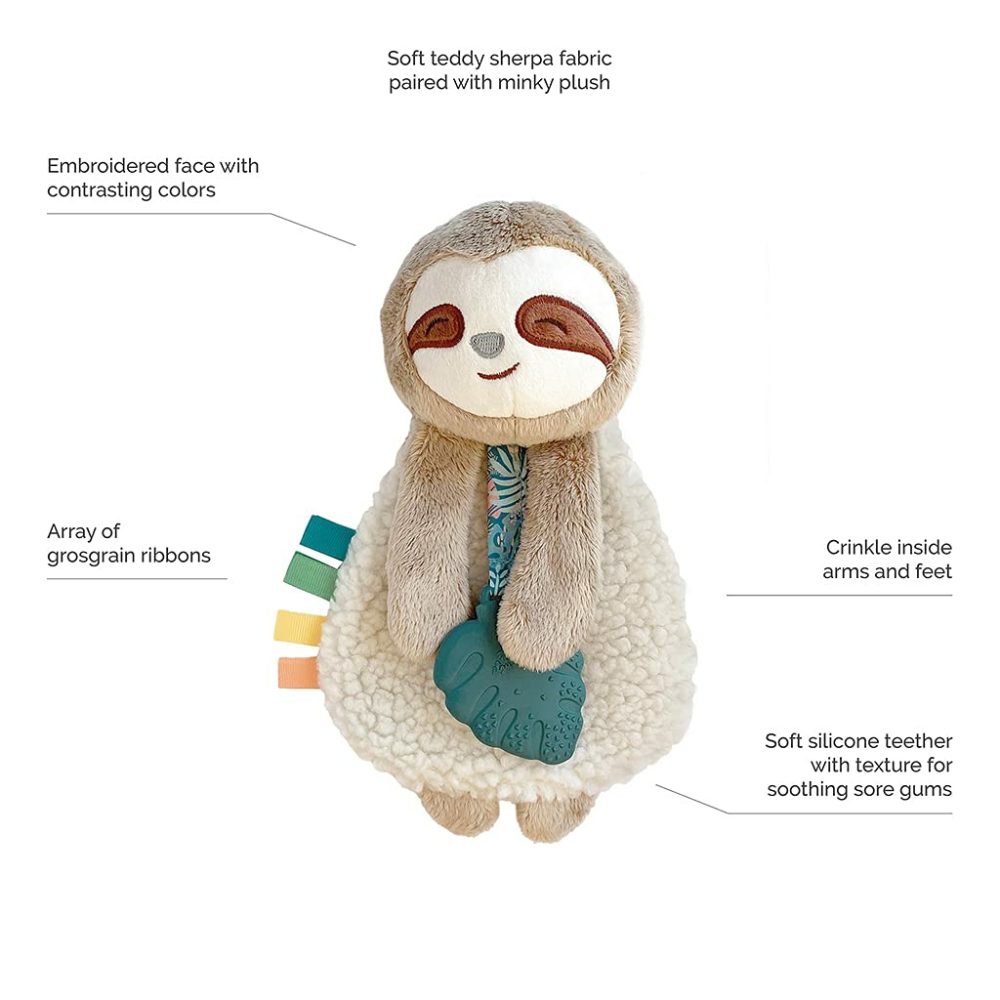 Itzy Lovey Including Teether – Baby Lovey With Teether  Textured Ribbons & Dangle Arms – Features Crinkle Sound  Sherpa Fabric And Minky Plush (Sloth)  |  Teethers All Toys Sloth