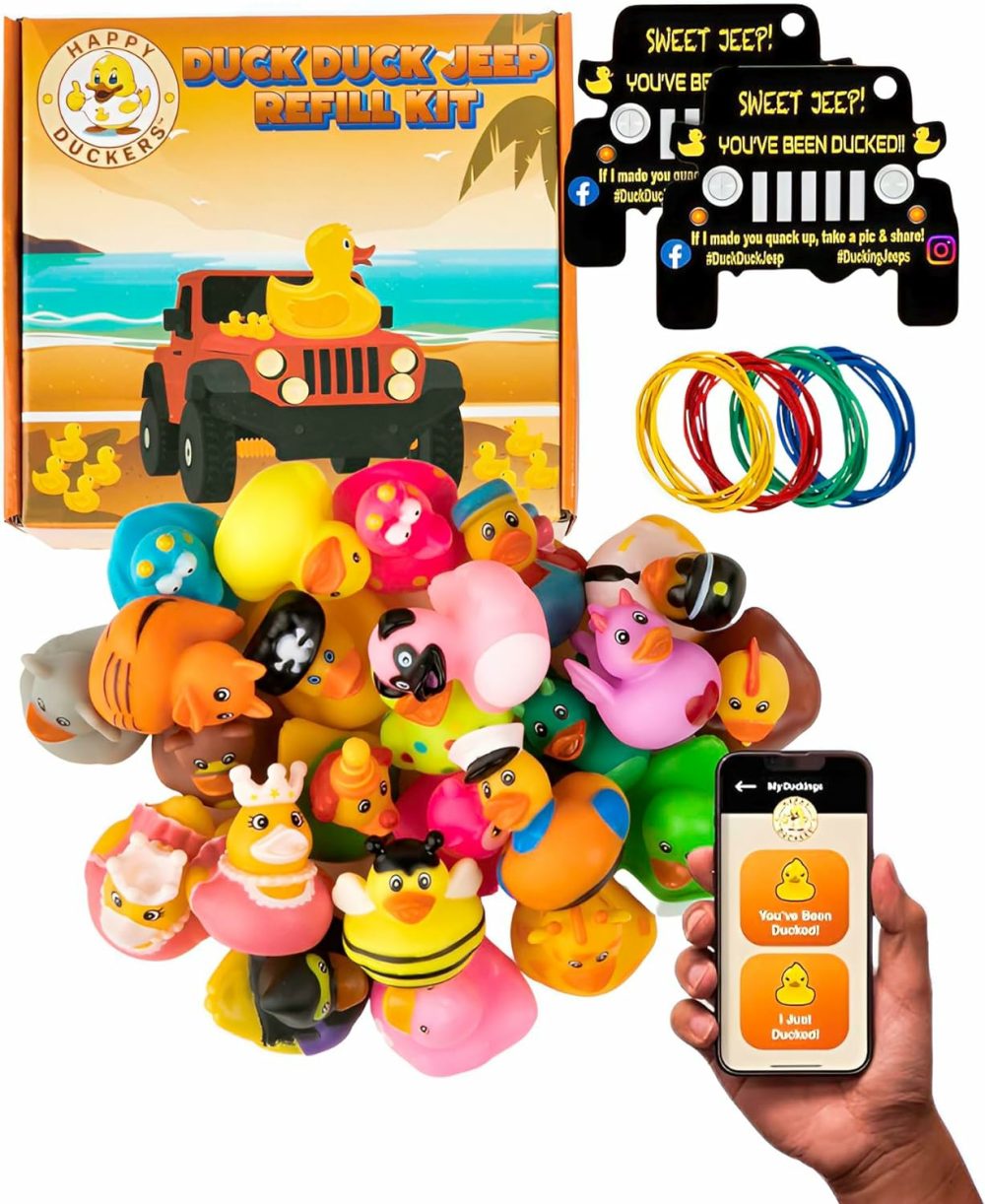 Jeep Ducks For Ducking Refill Kit- 75 Piece Kit Including 25 Rubber Ducks  25 Jeep Ducking Cards & 25 Rubber Bands Plus Official Duck Duck Jeep Mobile App –  |  Bath Toys All Toys Bath Toys