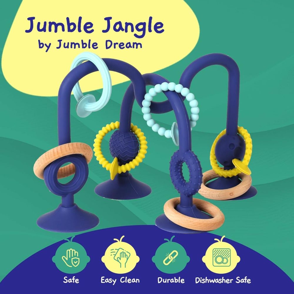 Jumble Jangle Baby Teething Toys – Multi Purpose High Chair Suction Teether Toy: Baby Teether Toy Relief With Sensory Toy Textures For Babies And Infants 0–24+ Months (Dark)  |  Teethers All Toys Dark Blue