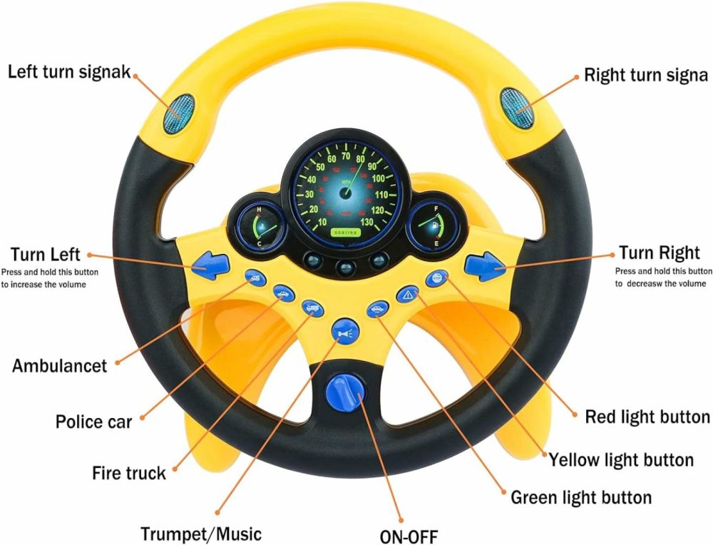 Kids Steering Wheel For Backseat With Car Key Pretend Driving Simulated Driving Steering Wheel Toy With Light And Music Gifts For Kids (Yellow)  |  Musical Toys All Toys Yellow