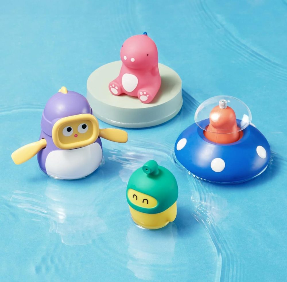 Kub Baby & Toddler Bath Toys  Four Little Dinosaurs: Water Squirter – Squeeze & Sound – Wind Up Diver – Floating Sprayer  Cute Fun Bathtub Toys For Boy Girl Ages 1-3 Years Old  4 Pcs Set  |  Bath Toys All Toys Bath Toys