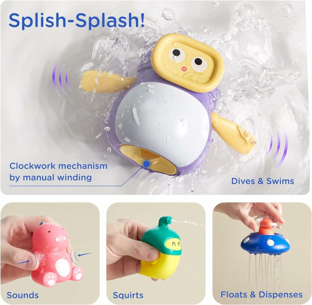 Kub Baby & Toddler Bath Toys  Four Little Dinosaurs: Water Squirter – Squeeze & Sound – Wind Up Diver – Floating Sprayer  Cute Fun Bathtub Toys For Boy Girl Ages 1-3 Years Old  4 Pcs Set  |  Bath Toys All Toys Bath Toys