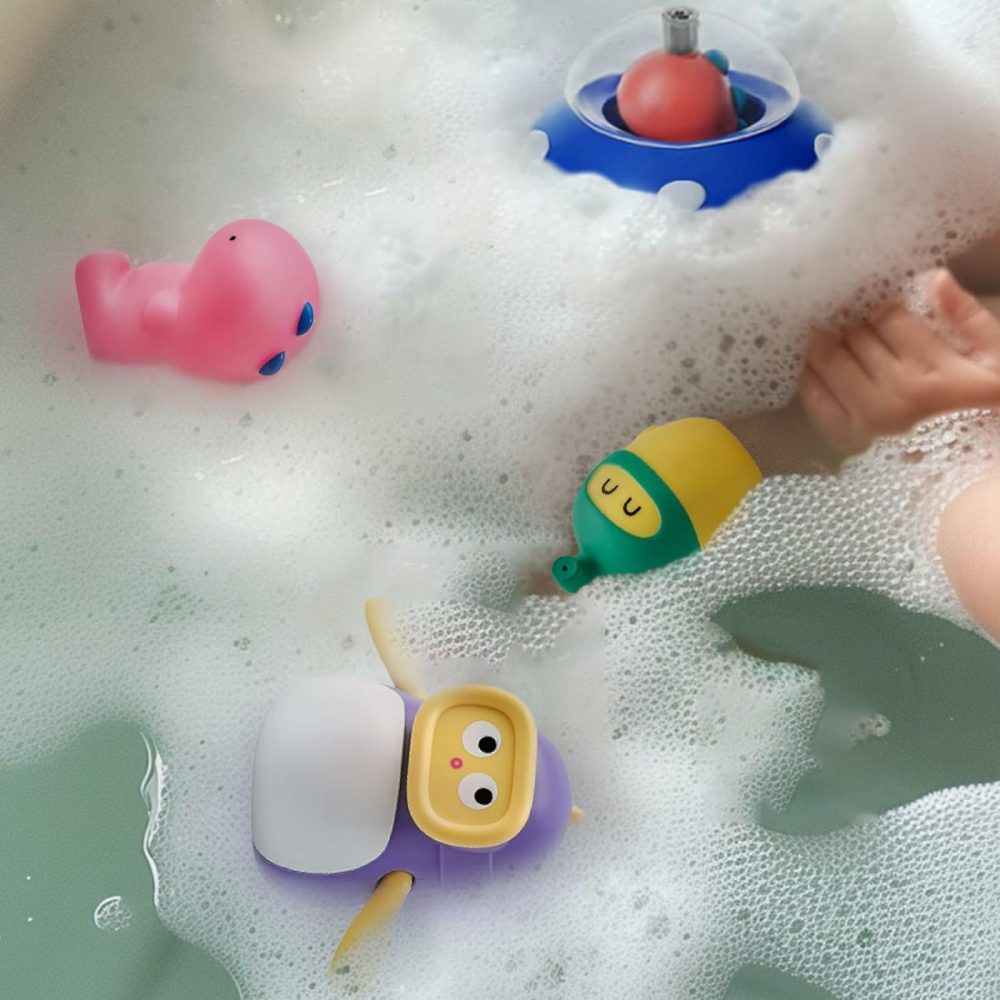 Kub Baby & Toddler Bath Toys  Four Little Dinosaurs: Water Squirter – Squeeze & Sound – Wind Up Diver – Floating Sprayer  Cute Fun Bathtub Toys For Boy Girl Ages 1-3 Years Old  4 Pcs Set  |  Bath Toys All Toys Bath Toys