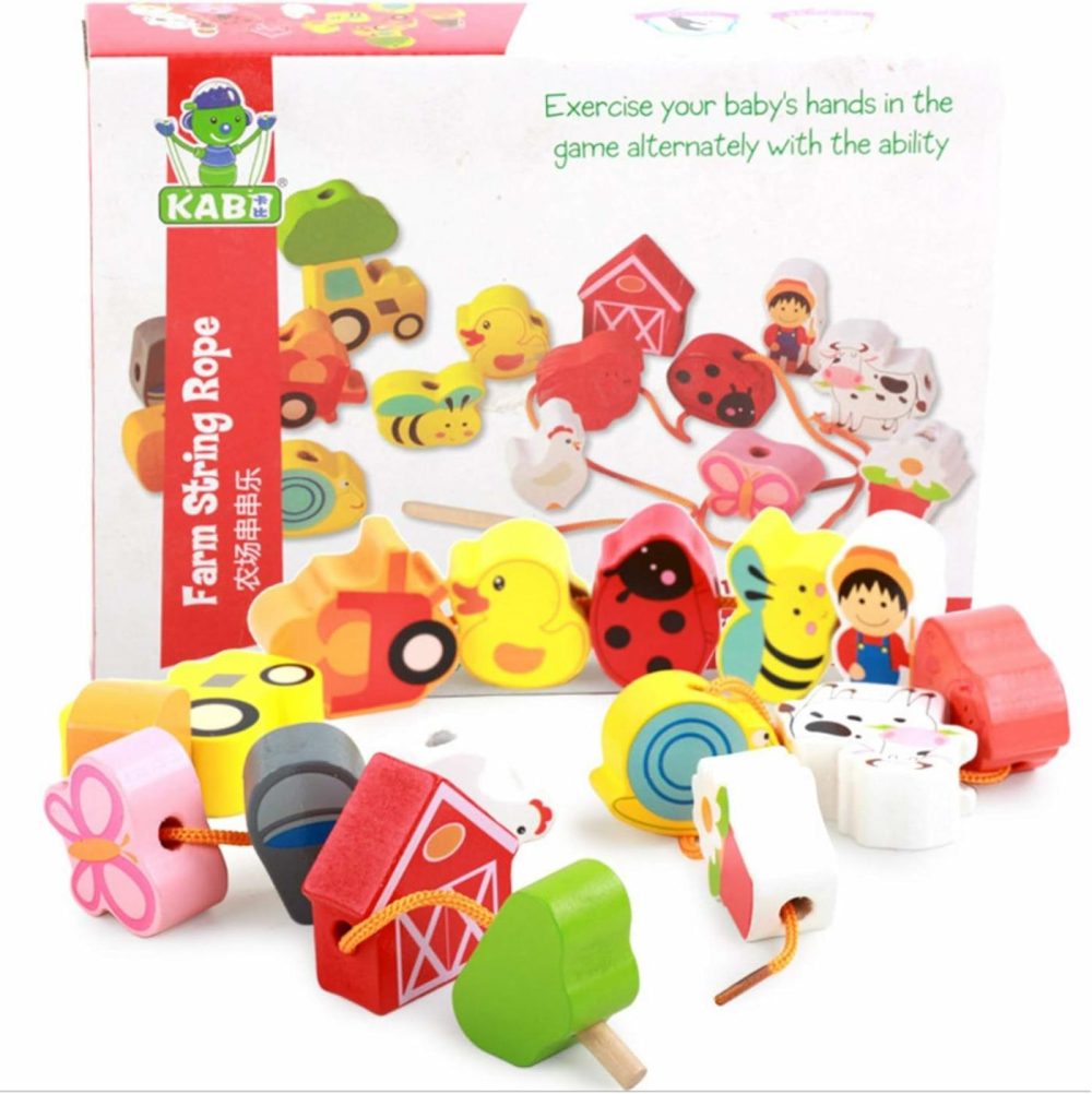 Lacing Farm Toy Wooden Block Set  Early Educational Toys String & Lacing Beads Games For Toddlers Kids Farm Animal Learning Play Set (16 Pieces)  |  Sorting & Stacking Toys All Toys Sorting & Stacking Toys