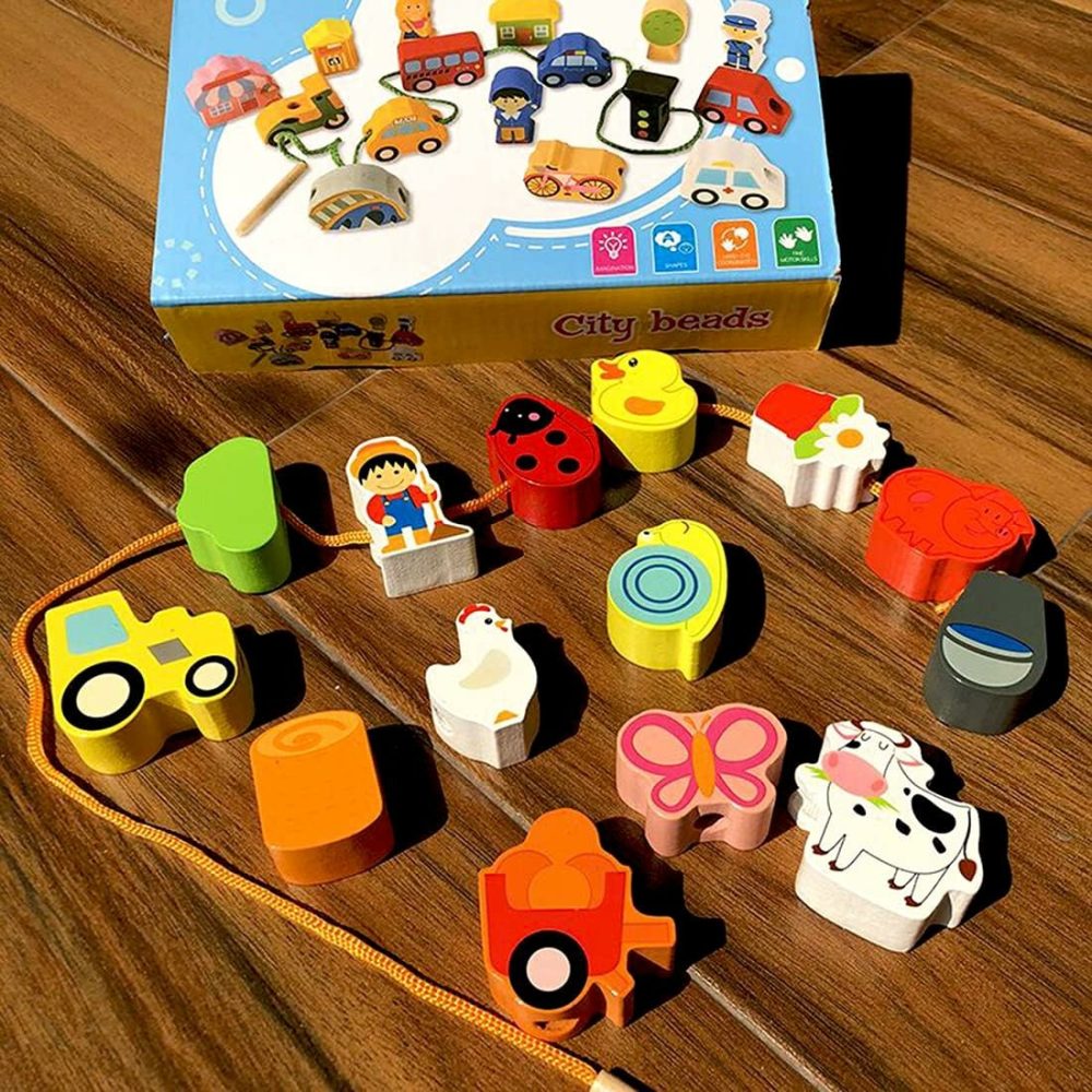 Lacing Farm Toy Wooden Block Set  Early Educational Toys String & Lacing Beads Games For Toddlers Kids Farm Animal Learning Play Set (16 Pieces)  |  Sorting & Stacking Toys All Toys Sorting & Stacking Toys