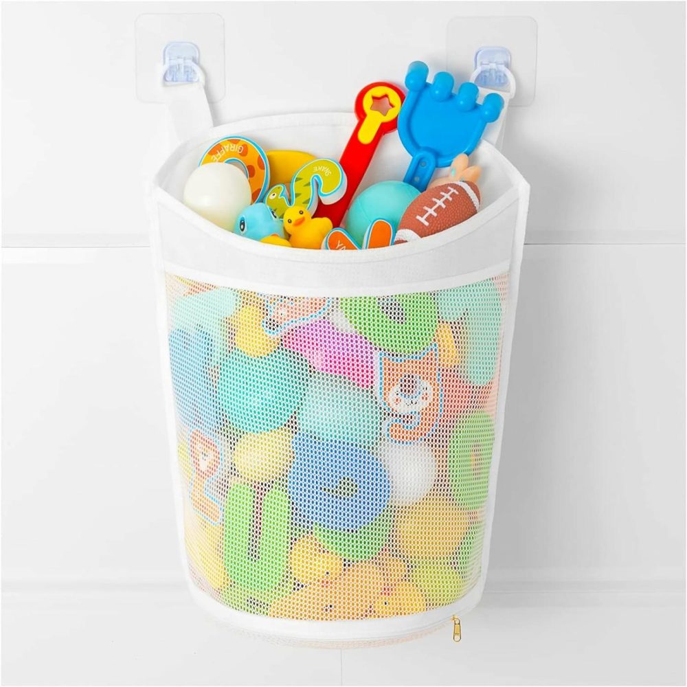 Large Capacity Baby Mesh Bath Toy Organizer  Multiple Ways To Hang  Extra Large Opening Bathroom Toy Storage  Bottom Zipper Bathtub Toy Storage Bag  Baby Shower Games Bath Tub Accessory (White)  |  Bath Toys All Toys Bath Toys